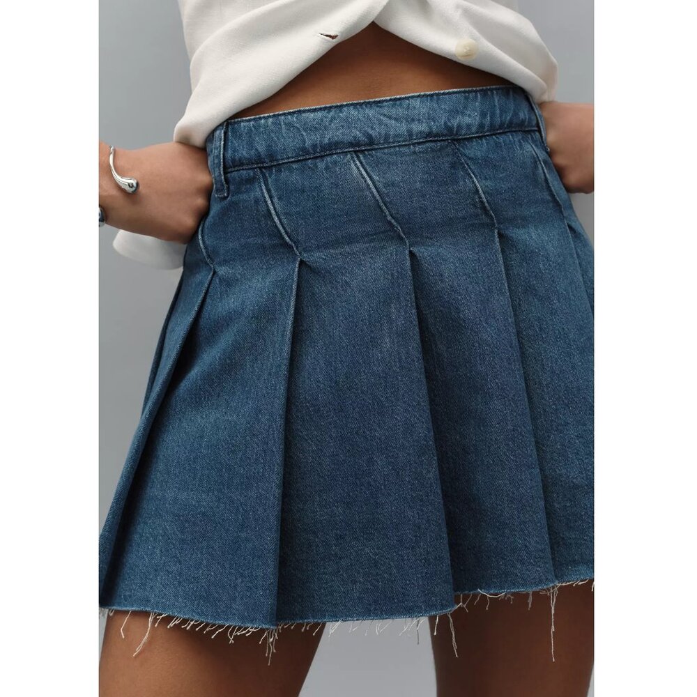 Anthropologie Pilcro 100% Cotton Slant-Pleated Denim Mini Skort Skirt Blue 25
